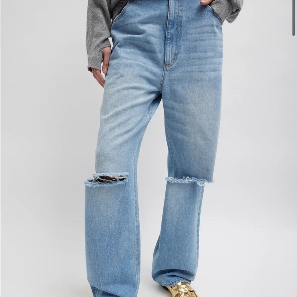 Tibi Light Blue Distressed Straight-Leg Ryder Jeans